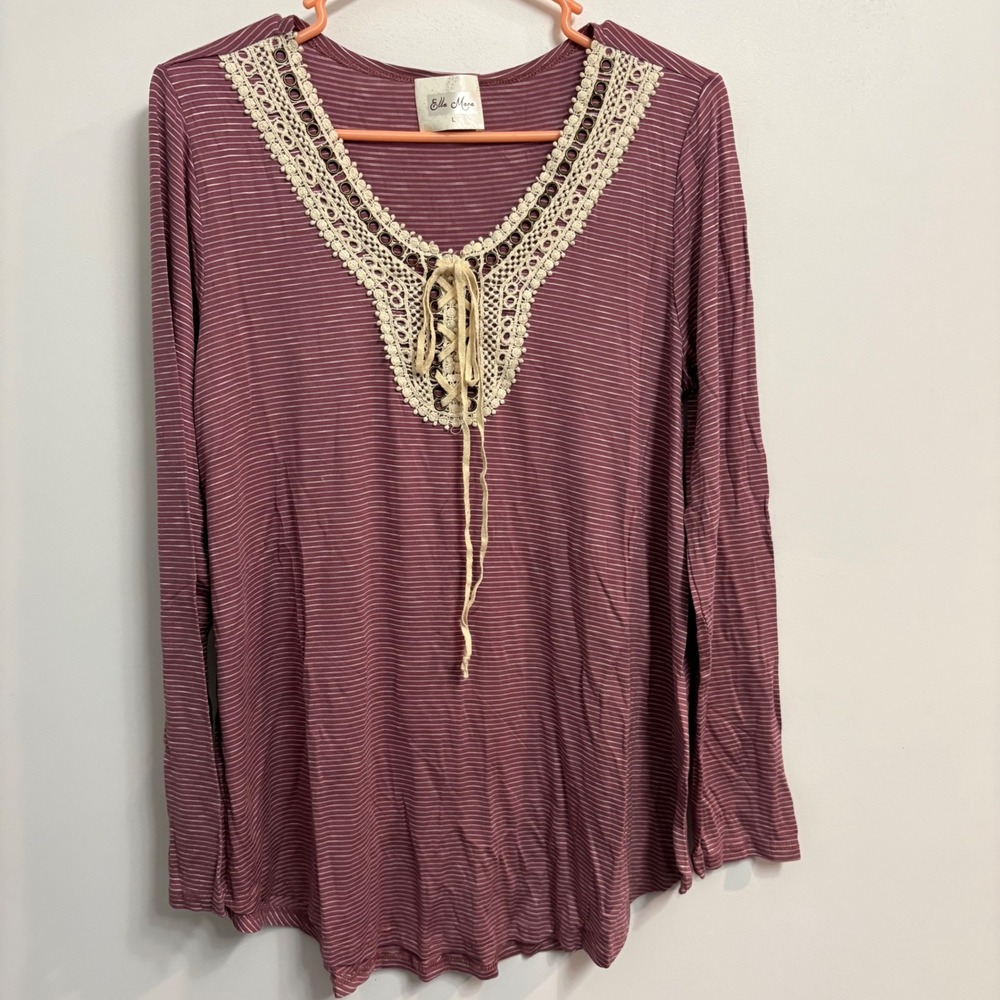 Ella Mara Womens Large Mauve Striped Lace Up Crochet V-Neck Long‎ Sleeve Top New